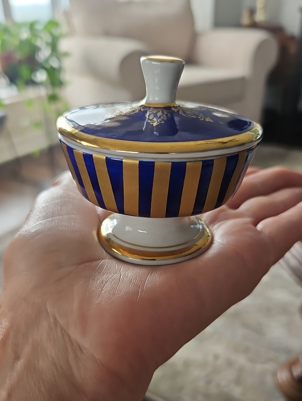 Cobalt Blue and Gold Porcelain Lidded Decorative Trinket Dish - Vintage